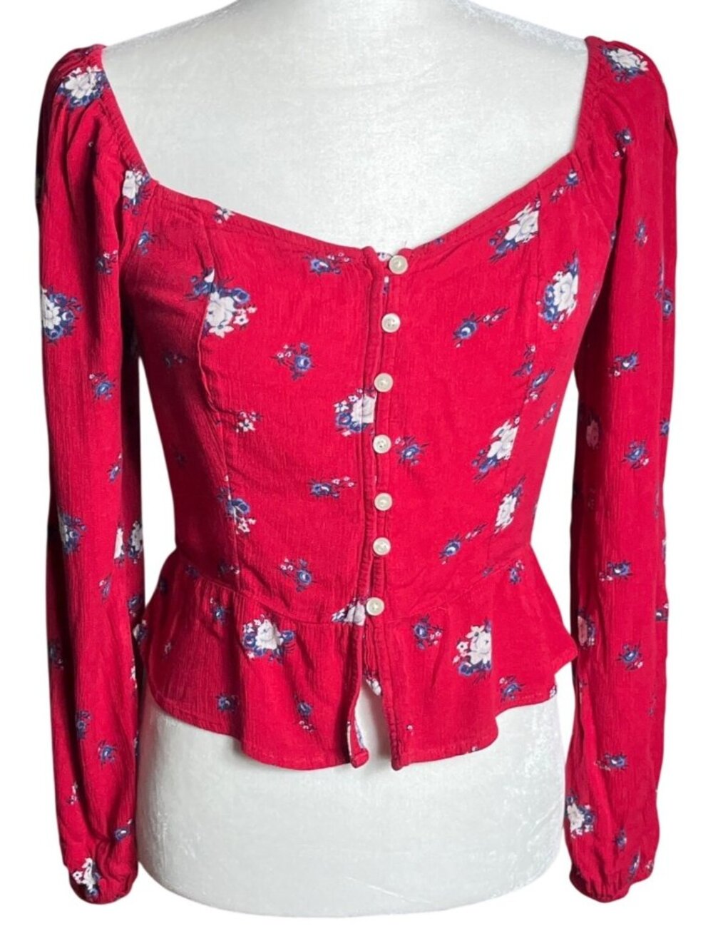 Hollister Boho Top Milkmaid Peplum Coquette Peasant Red Ditsy Babydoll Wom S